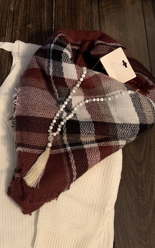 Burgundy Plaid Blanket Scarf