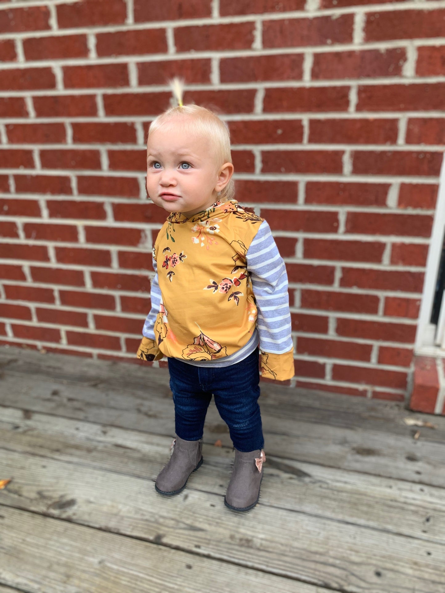 Mustard Floral and Striped Hoodie