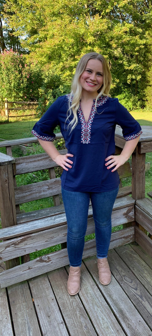 Blue Boho Floral V Neck Casual Top (S-XL)