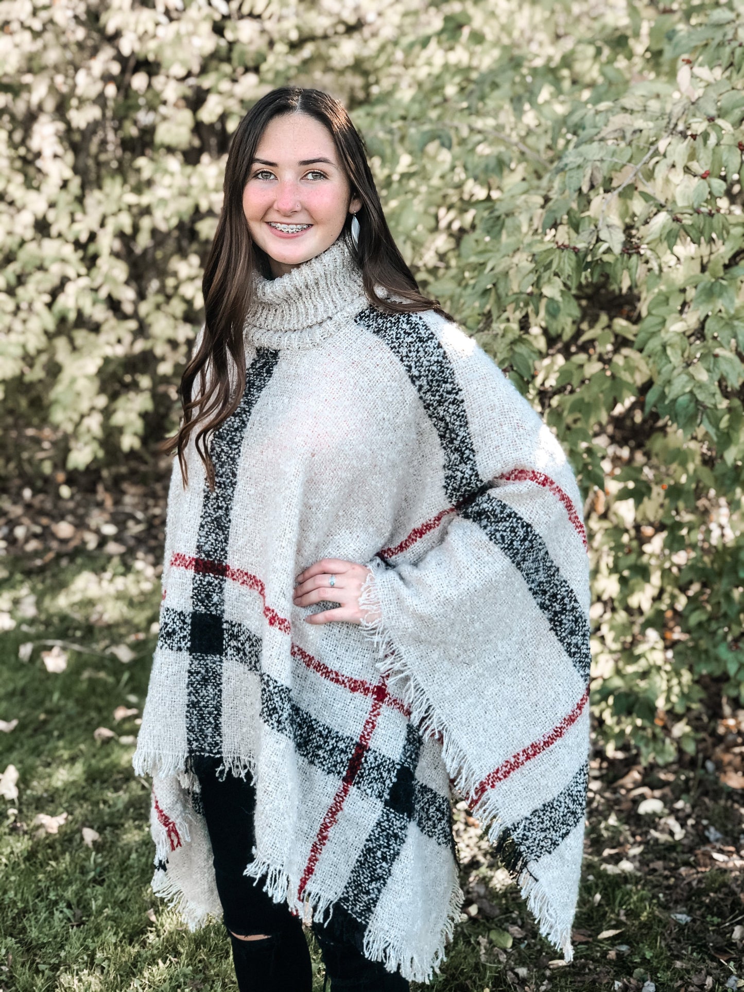 Plaid Poncho | Tan & Black