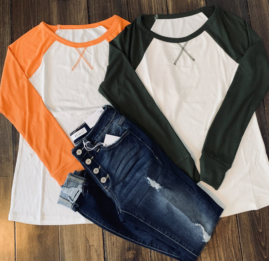 Orange or Hunter Green Long Sleeve Raglan (S-2X)