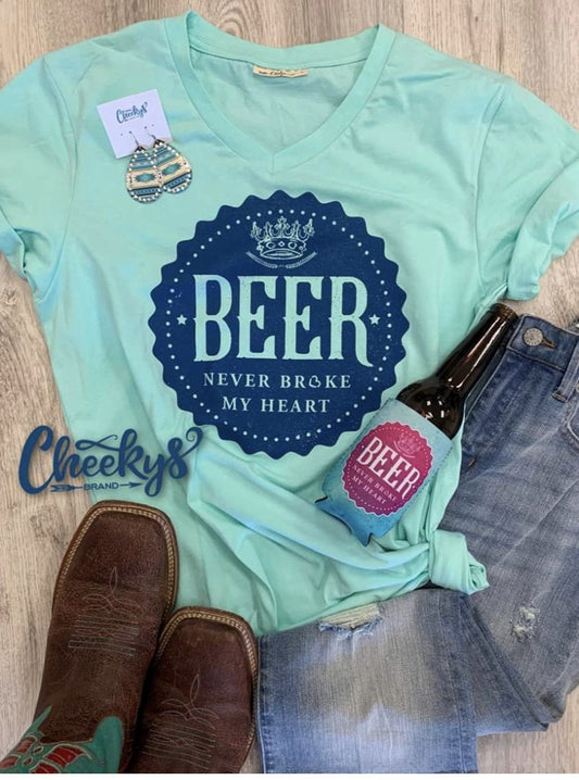 Cheeky’s Beer Never Broke My Heart-V Neck Tee (S-2X)