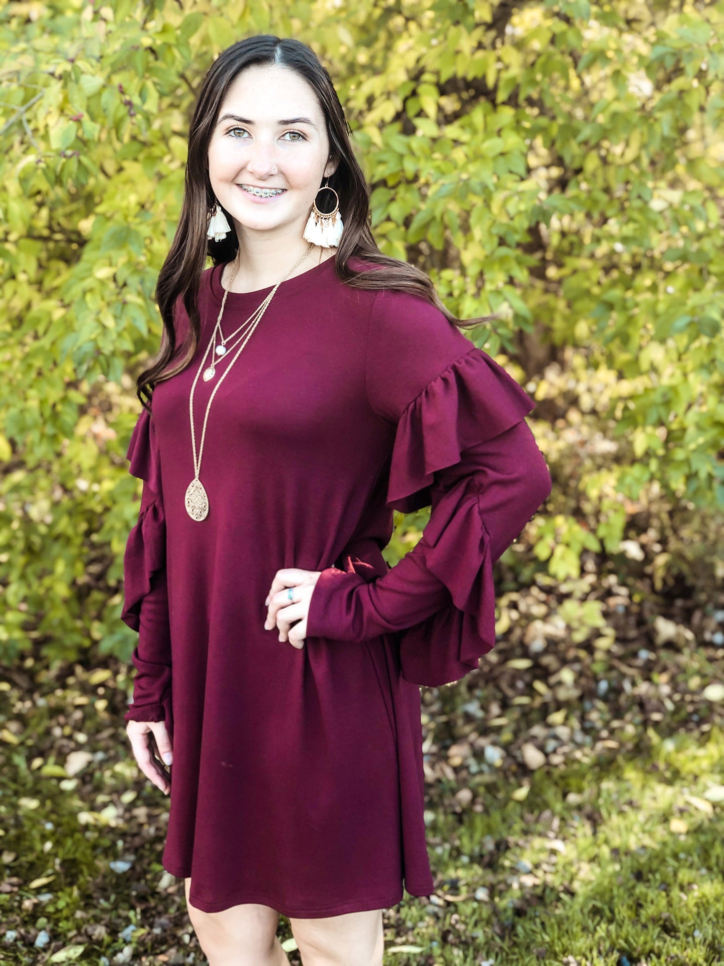 Merlot Flutter Sleeve Dress