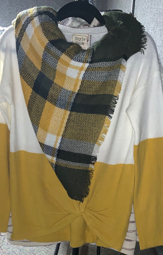 Olive Fringe Plaid Scarf