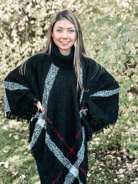 Plaid Poncho | Tan & Black